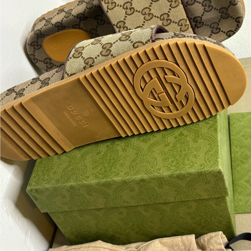 Gucci Beige and Brown Monogram Slides - Picture 12 of 12